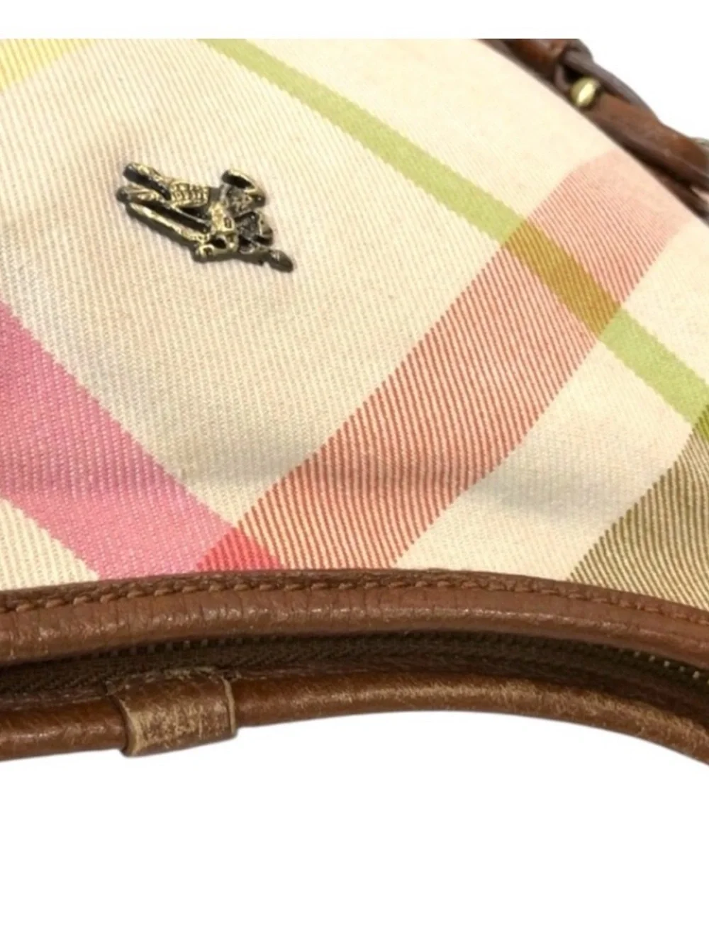 Burberry Pastel Plaid Canvas Shoulder Bag with Brown Leather Trim